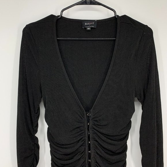 Bardot Dress Demi Black V Neck Ruched Long Sleeve Mini Bodycon - Picture 6 of 12